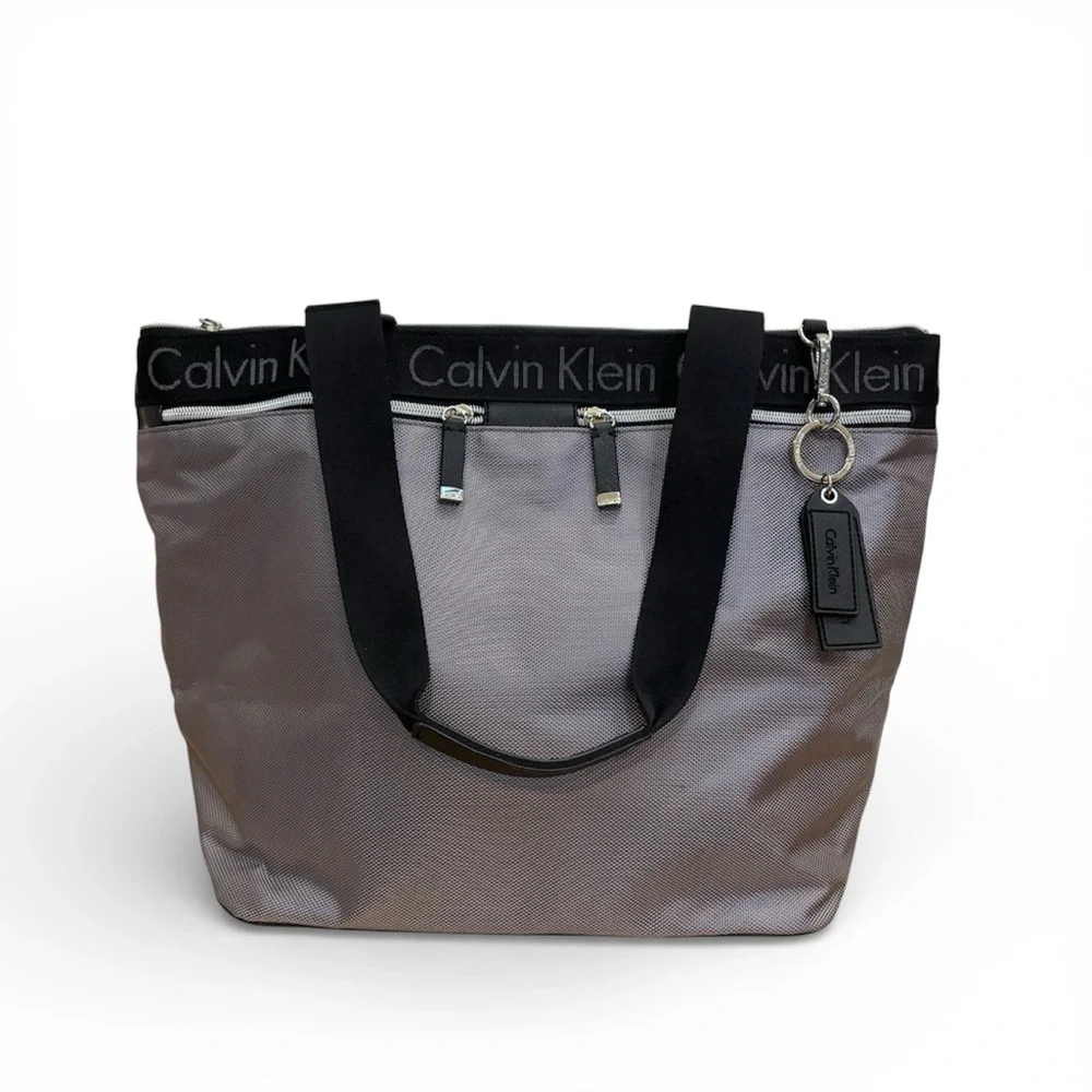 Calvin Klein Large Nylon Zip Tote Bag Gunmetal Gray Logo Straps Travel Work NEW